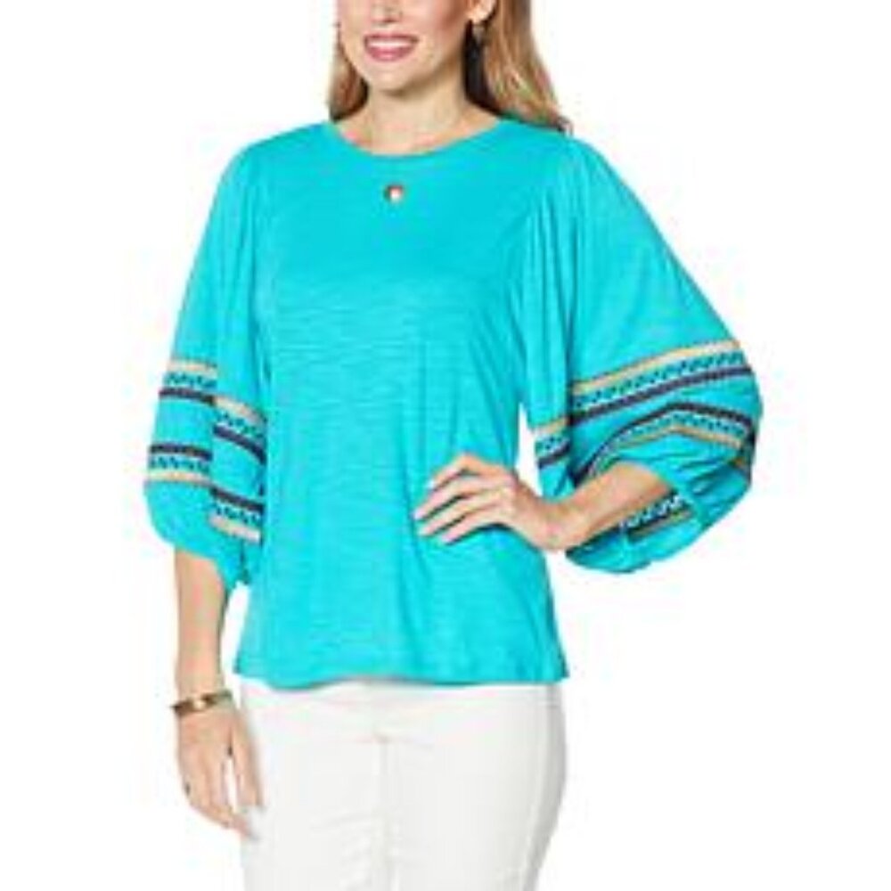 DG2 by DIANE GILMAN Teal Green Embroidered Balloon-Sleeve‎ Top Blouse Tee (2X)